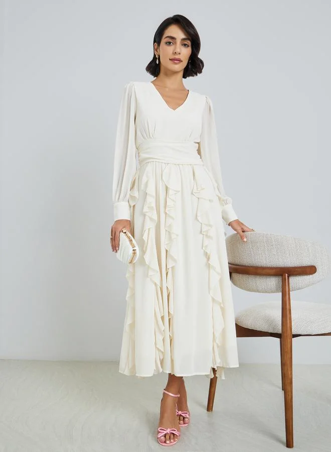 Styli  Women Cream Ruffle Detail A-Line Midi Dress for Women | Best Price UAE